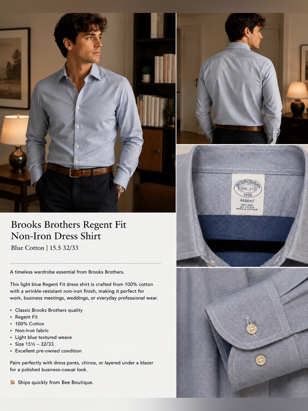 Brooks Brothers Regent Fit Non-Iron Dress Shirt | Blue Cotton | 15.5 32/33